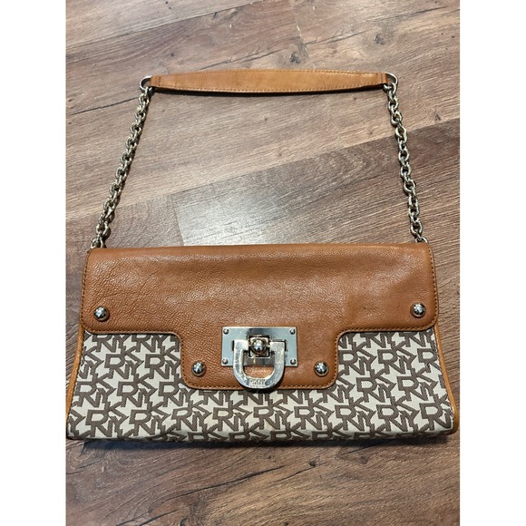 Dkny Handbags - DKNY Shoulder Bag Monogram Canvas Tan Leather Trim Silver Chain Strap Turn-Lock